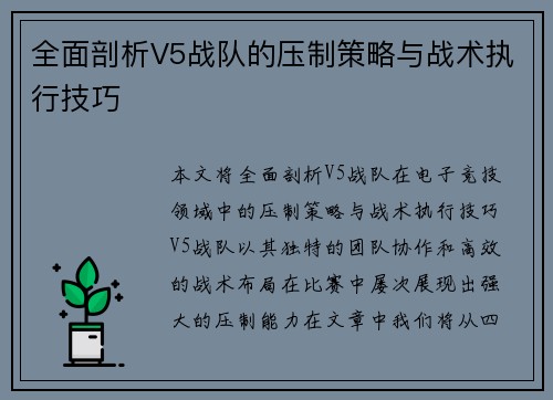 全面剖析V5战队的压制策略与战术执行技巧